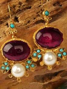 2 Pcs Elegant Light Luxury Oval Imitation Ruby Imitation Flower Turquoise Pearl Pendant Earrings For Women Are Suitable For Daily Gift-Giving Gatherings - Multicolor - View 4