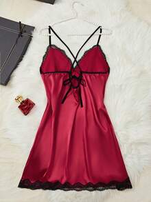 Valentine's Day Gift Women's Solid Color Sexy Lingerie Nightgown - Lace Trimmed Back Crossover Design, High Slit V-Neck Sleep Dress Pajamas Set