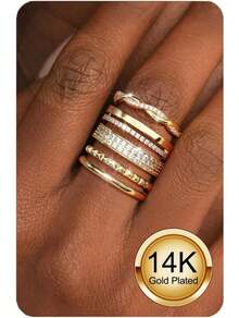 Milacolato Gold Silver Stackable Rings For Women - 14K Gold Plated Waterproof Stacking Thin Chunky Bands Cubic Zirconia Thumb Ring Set 2-4mm  Statement Promise Engagement Rings Size 5-10 - Nhiều màu - Xem 1