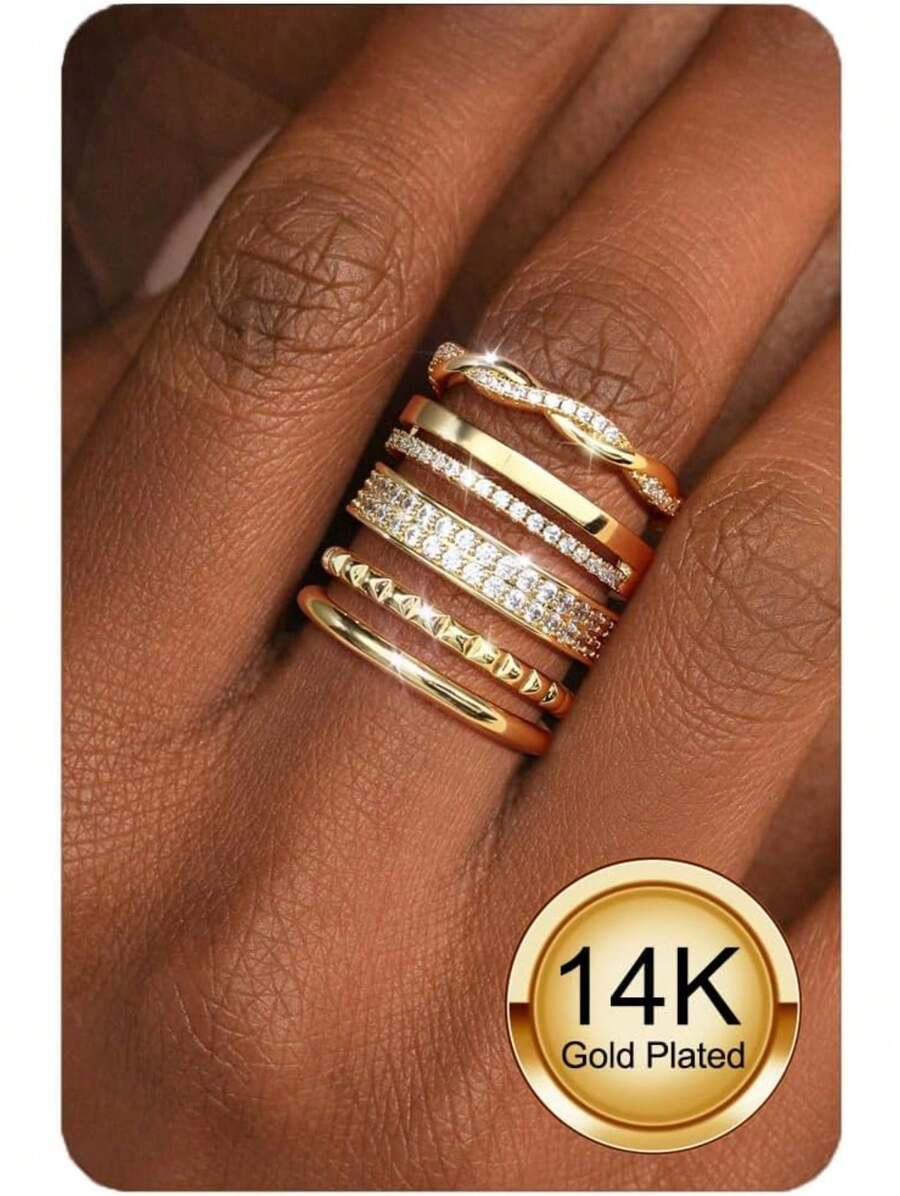 Milacolato Gold Silver Stackable Rings For Women - 14K Gold Plated Waterproof Stacking Thin Chunky Bands Cubic Zirconia Thumb Ring Set 2-4mm Statement Promise Engagement Rings Size 5-10 - 彩色 - 查看 1