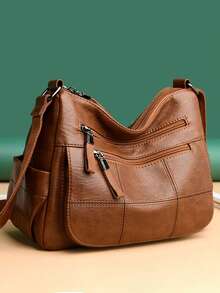 时尚软皮斜挎包女士2025休闲女式多口袋邮差包复古手提包女士单肩包 - 棕色 - 查看 2