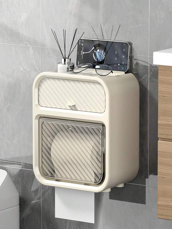 1pc Light Luxury Simple Style Wall-Mounted Large Capacity Double-Layer Tissue Box - With Drawer, Self-Adhesive Design Without Punching, Waterproof And Durable Material, Very Suitable For Bathroom And Kitchen, Dormitory, Restaurant, Bedroom, Entrance Use, Bathroom Accessories, Bathroom Decoration, Multi-Functional Various Paper Storage Boxes, Easy To Take And Space-Saving Design.