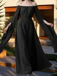 Women Halloween Renaissance Costumes Split Bell Sleeves Off-Shoulder Victorian Dress For Fairy Witch Wedding - Black - View 2