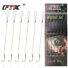 FTK 22cm 6pcs Leader Carp Fishing Hooks Hair Equipment With Line 30-60lb 2/4/6/8 # Europe Feeder Group Carp Hook Accessories