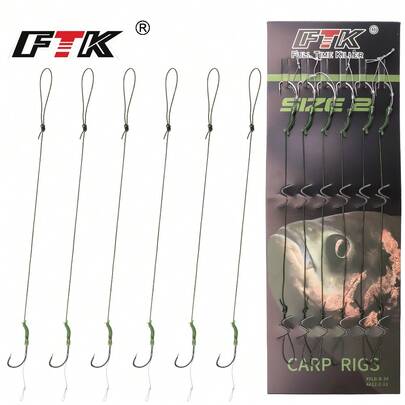  FTK 22cm 6pcs Leader Carp Fishing Hooks Hair Equipment With Line 30-60lb 2/4/6/8 # Europe Feeder Group Carp Hook Accessories
