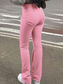 Women's Vacation Style Casual Ins Washed Frayed Skinny Flare Jeans - Pink - View 3