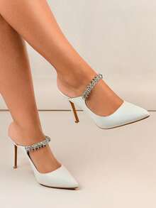 Zapatillas de tacón stiletto con puntera puntiaguda, decoradas con cristales, de estilo sexy europeo y americano - Blanco - Ver 2