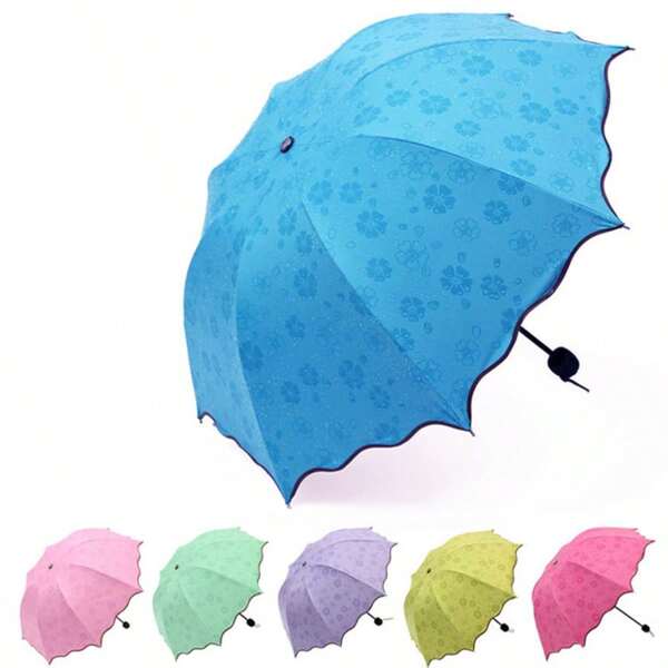 1pc Reversible Umbrella: Sun Umbrella - Fully Shading, Flower Blooming Design When Wet, UPF50+ Black Coating Sun Protection, 190T Waterproof Fabric + 8 Rib Iron Frame Anti-Wind. Reverse Folding Portable, Ruffle Trim Water Repellent, Women's Single-Person Style, Multiple Simple Colors, Suitable For Travel, Wedding Photography And Daily Sun Protection And Rain Protection, Summer Sun Umbrella, UV Protection Umbrella, Black Coating Sun Umbrella, Color Changing Umbrella When Wet, Waterproof Umbrella, Casual/Minimalist Style
