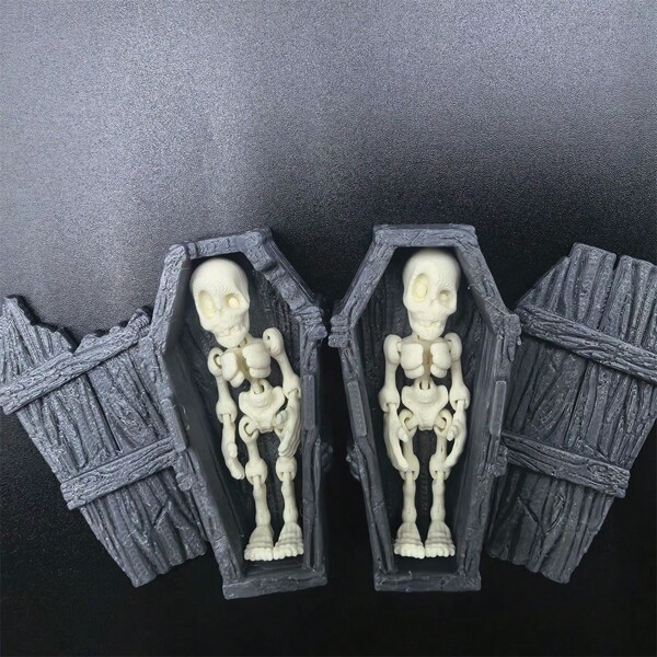 Halloween Coffin Decorations 3D Printed Mini Coffin With Lid And Skeleton Figurines Tabletop Decor For Home Holiday Party