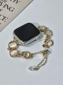 1 件时尚方形镂空猫眼石智能表带，兼容 38/40/41/42/45/46/49mm，适用于 Series Ultra/SE/10/9/8/7/6/5/4/3/2/1，小众高端猫眼石链条女式智能表带（仅表带，不含手表和表壳） - 金色 - 查看 1