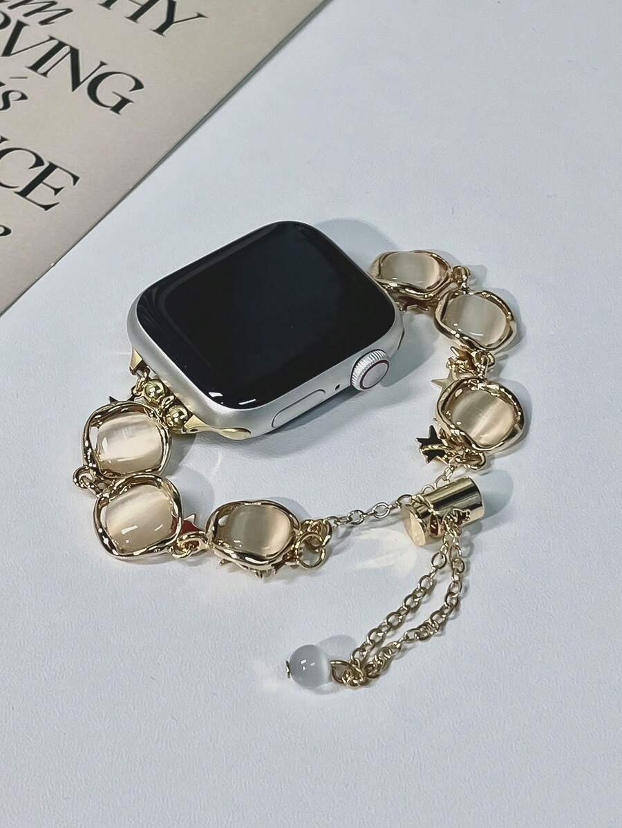 1 件时尚方形镂空猫眼石智能表带，兼容 38/40/41/42/45/46/49mm，适用于 Series Ultra/SE/10/9/8/7/6/5/4/3/2/1，小众高端猫眼石链条女式智能表带（仅表带，不含手表和表壳） - 金色 - 查看 1