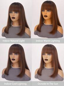 16 英寸渐变棕色齐肩直发合成耐热纤维假发，棕色波波头假发，带刘海，适合女性日常聚会和圣诞装扮 - 漸層棕色 - 查看 9