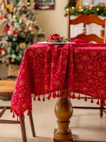 1pc Red Christmas Tablecloth, Christmas Metallic Jingle Bells, Rectangular Tablecloth With Red Tassel Decor, Washable, Dining Table Cover, Holiday Home Decor, Party Tablecloth, Bedside Cabinet Cover, Festive Decoration Suitable For Kitchen, Dining Room, Gathering, Wedding, Holiday, Party, New Year, Christmas Decor, Gift, Merry Christmas - Red - View 11