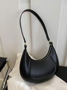 1pc Zipper Closure PU Solid Color Crescent Underarm Bag, Fashion Retro Shoulder Bag For Office/Work, Versatile For Women Daily Use - Black - View 8