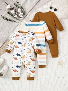 男婴条纹恐龙印花长袖连体衣三件套，时尚可爱，适合日常休闲穿着，春秋冬三季皆宜。