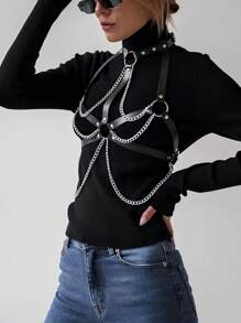 女士性感束腰带、哥特式束缚紧身胸衣、朋克链条流苏装饰、性感内衣吊袜带、万圣节服装、情人节礼物、女士性感配饰