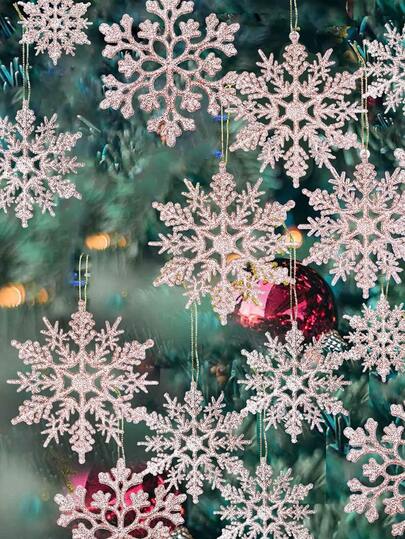 12pcs Rose Gold Snowflake Paper Ornament Pendants, Christmas Snowflakes, Christmas Decorations, Champagne Gold Plastic Snowflake Decor Set, Hanging Snowflake Decorations For Winter And Christmas Tree, Christmas Winter Snowflake Decorations, Winter Wonderland Christmas Tree Hanging Snowflake Decorations.