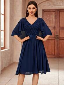 MIUSOL Floral Lace Panel Butterfly Sleeve Chiffon Prom Party Swing Dress, Valentine's Day - Navy Blue - View 1