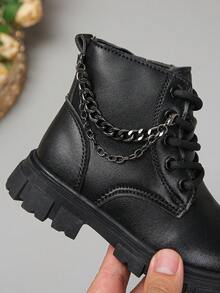 1 双黑色时尚防滑耐磨侧拉链链条纽扣中小童靴 - 黑色 - 查看 6