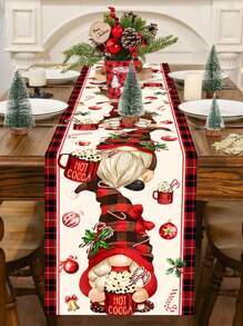 1 pieza 35*180cm/13.78*70.87 pulgadas Camino de mesa de poliéster con tema de gnomo de chocolate caliente, patrón de gnomo a cuadros rojos, cubierta de mesa de comedor navideña para fiesta festiva, decoración de mesa de cocina de Año Nuevo