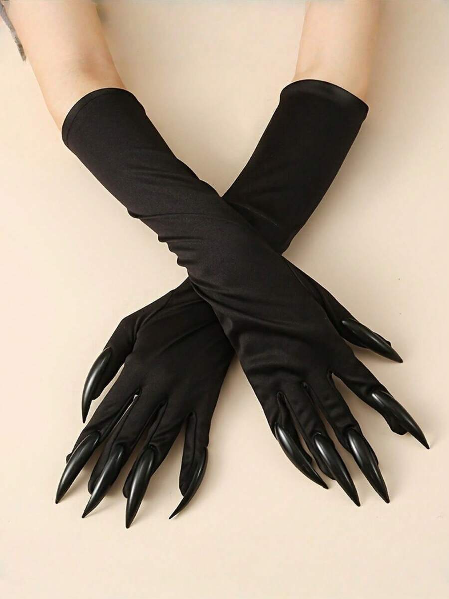 1 Pair Of Fun Halloween Claw Gloves - Detailed Red Long Nail Design, Flexible Forked Finger Gloves For Cosplay, Costume Parties, And Horror Performances - Black Fashion Themed Horror Accessories, Long Nail Ghost Gloves For Performance Props, Claw Gloves Home Decor Halloween Decor Room Decor - Multicolor - View 1