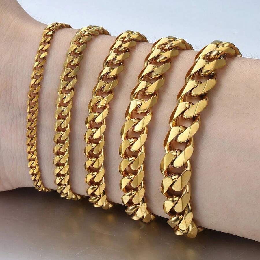 Golden Cuban Bracelet, High-Quality Stainless Steel Cuban Chain Bracelet, Minimalist Metal Jewelry, Hip-Hop Bracelet, Rock Metal Bracelet, Fashion Jewelry Gift For Him