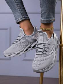 [0.5 Size Up] 1 Pair Women's Fashion Solid Color Running Shoes, Breathable Non-Slip Sneakers, Lightweight & Comfortable Outdoor Sports Shoes, Soft Thick Sole Increase Height Chunky Sneakers, Shock Absorbing, Mesh Breathable, Slip-On Sock Shoes, Versatile For Casual, School, Travel, Walking - Grey - View 2