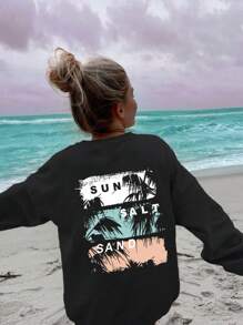 青少年男孩趣味印花圆领长袖运动衫，秋冬休闲上衣