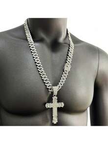 1 件重型超大 3D 吊坠，镶满水钻，双层厚十字架吊坠，14 毫米宽菱形链项链，白色 - 查看 2