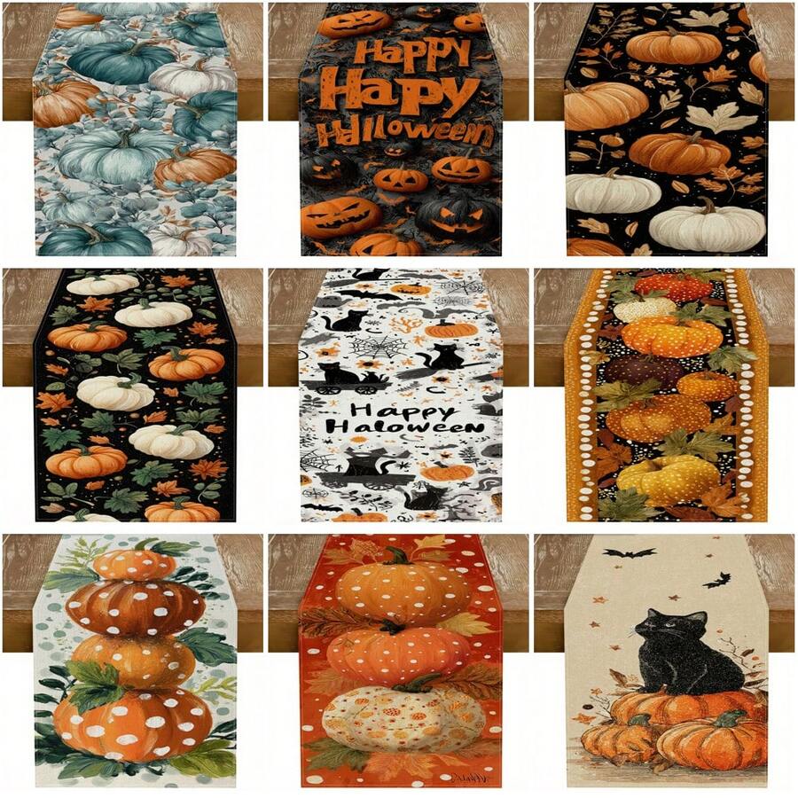 1 Piece Of Halloween Patterned Table Flag, Including Pumpkin And Black Cat, Made Of 72 Inch Knitted Polyester Fiber, Suitable For Holiday Gathering Tables, Home Kitchen Decoration, And Gifts.