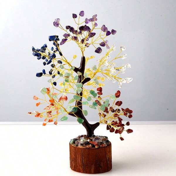 1pc Natural Rainbow Crystal Chips Bonsai Tree, Faux Wooden Base Decor For Home & Office Desk