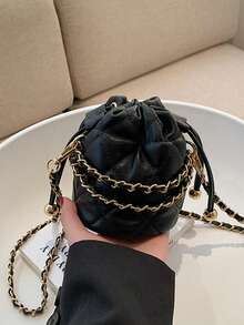 纯色时尚菱形迷你抽绳桶形PU通勤优雅女士单肩包带链条 - 黑色 - 查看 4