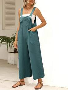 Women's Linen Jumpsuit - Summer Sleeveless Bib Overalls With Pockets, Baggy Wide Leg Romper Casual Boho Beach Jumpsuit For Vacation - 水鴨藍 - 查看 3