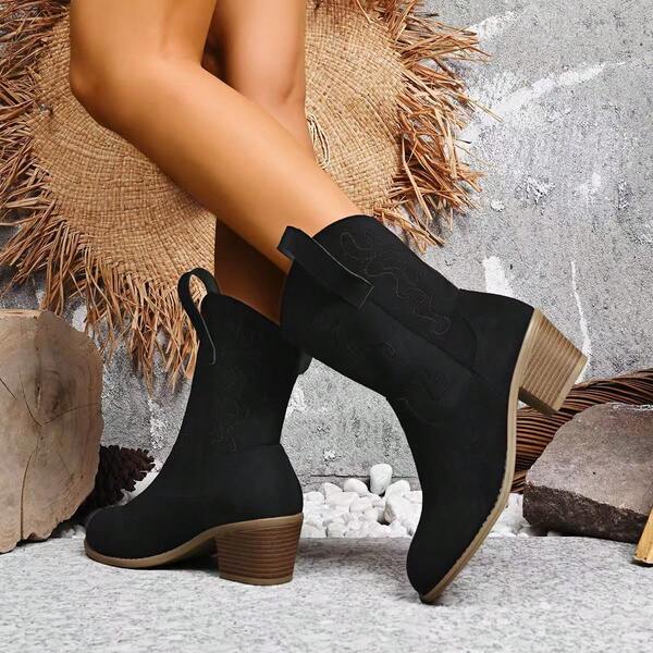Botas occidentales de terciopelo negro bordadas para mujer, botas altas hasta la rodilla con puntera puntiaguda y tacón grueso, botas con estilo punk rock para uso casual al aire libre