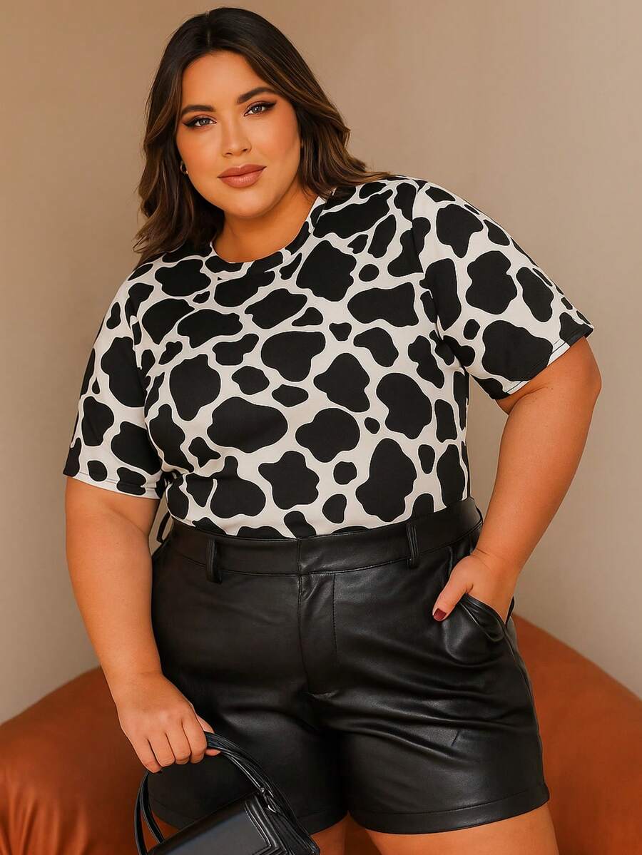 Plus Size T-Shirt Women's Cow Print T-Shirt - màu đen - Xem 1