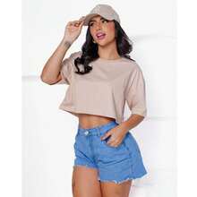 Women's Basic Cropped T-Shirt In Plain Cotton Knit - Beis - Ver 4