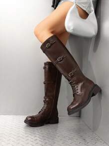 Women's Motorcycle Boots Side Zipper Knee High Boots Square Toe Chunky Low Heel Buckle Decorated Straps Fashion Retro Riding Boots - 棕色 - 查看 8