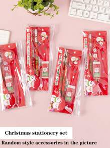 1 Set Christmas Stationery Set, Pencil, Eraser, Sharpener, Ruler, Pencil Case, 5pcs Student Supplies, Suitable For Back To School