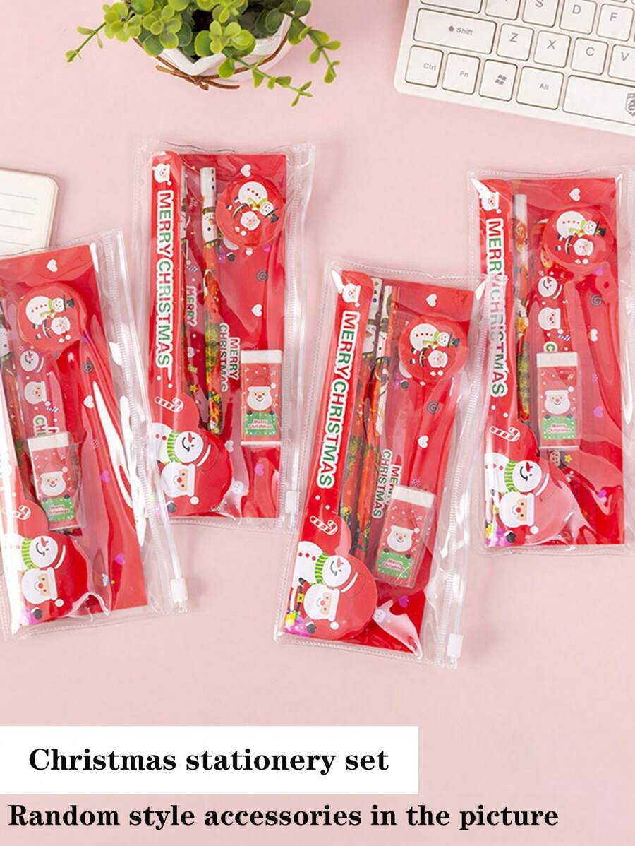 1 Set Christmas Stationery Set, Pencil, Eraser, Sharpener, Ruler, Pencil Case, 5pcs Student Supplies, Suitable For Back To School