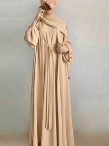Set de 2 piezas de bata y vestido de manga larga de unicolor con estilo kimono para mujer, estilo árabe (sin pañuelo para la cabeza) - Albaricoque - Ver 4