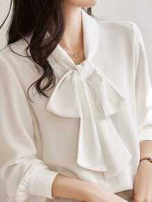 Camisa de mujer, nueva temporada, estilo profesional, camisa blanca de gasa con lazo, manga larga de gasa. - Blanco - Ver 2