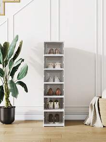LIVINGANDHOME Living And Home 3/6-Tier Foldable Shoe Storage Box Unit, 6-Compartment White Foldable Shoe Storage Unit, Stackable Shoe Organiser With Transparent Design, High-Capacity Foldable Shoe Rack, Space-Saving Design Shoe Box, Ventilated Stackable Shoe Container, With Convenient Front Lid – PP + PS Material – Ideal For Organising Footwear, Keeping Shoes Clean & Odour-Free, Home Storage Solution, Perfect For Seasonal Use - White - View 3