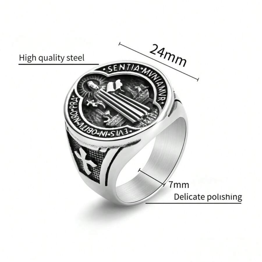 1pc Stainless Steel Saint Benedict Exorcism Cross Pendant, 18K Gold Plated Stainless Steel Ring, Hiphop Jewelry Gift, Daily Wear