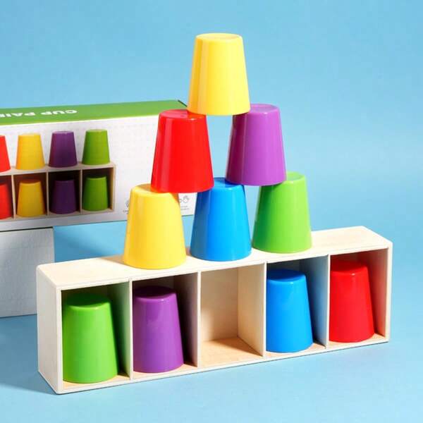 Houten speelgoedspel met kleurenraadbeker, blind raadspel voor kinderen, oefent geheugen en logisch denken, cognitieve ontwikkeling en educatieve tool voor het matchen van kleuren, geweldig cadeau voor kinderverjaardagen, Halloween, Kerstmis en kinderdag.