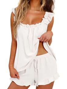 Women's Summer Lounge Set Ruffle Shoulder Strap Tank Tops Drawstring Shorts Sleepwear Sets Bridal Pajama Set For Women - White - View 6