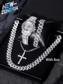 5 Pcs Hip Hop Gift Watch+Cross Pendant Necklace+Bracelet Creative Iced Out Miami Cuban Link Chain Jewelry Set For Men And Women - Silver - View 6