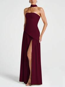 女士优雅性感纯色开衩派对度假连衣裙，酒红色