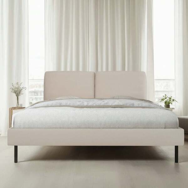 RecommendMARNUR Queen Size Bed Frame With Linen Fabric Adjustable Upholstered Headboard, Wooden Slats Support, Gray