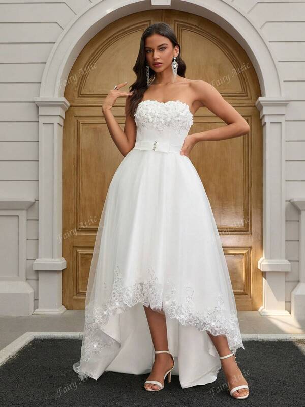 YUMIBRAVO Romantic Appliques High Low Hem Flattering Elegant Wedding Dress White Elegant Bridal Dresses For Summer Wedding Party, White Dress Women Ball Gown