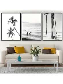 3 Stück ungerahmte Leinwandposter, moderne Kunst, schwarz-weiße Küsten-Surflandschaft Poster und Drucke, Surfbrett Fotografie Bilder, ideal als Geschenk für Schlafzimmer, Wohnzimmer, Flur, Wandkunst, Wanddekoration, Winterdekoration, Raumdekoration